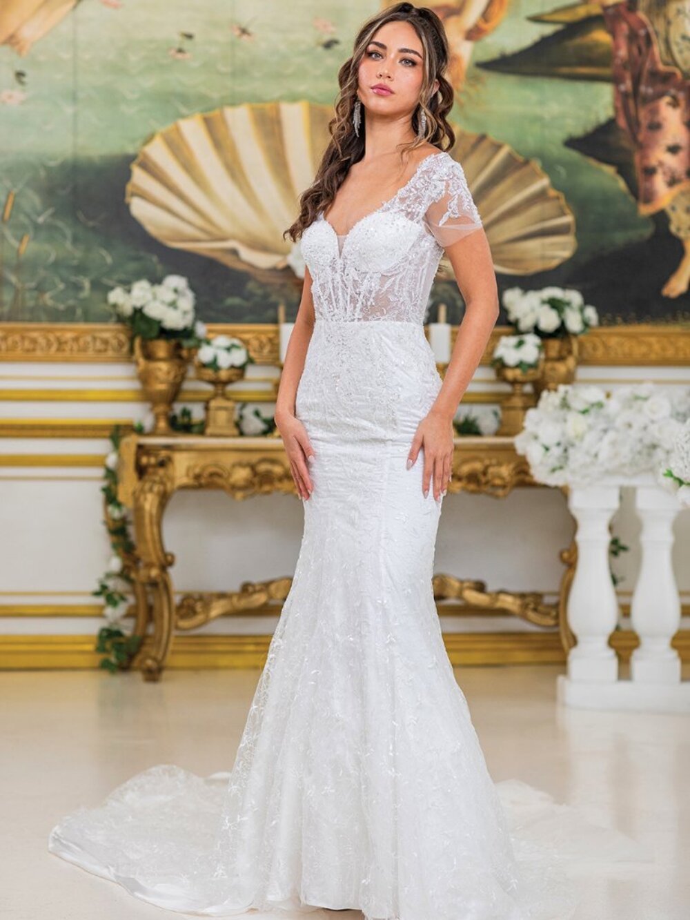 NEW OFF WHITE Lace V-Neck Wedding Dress With Train Formal Elegant 0302